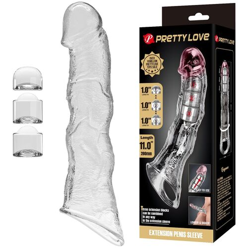 Capa de extensão de pénis transparente com embalagem preta da marca PRETTY LOVE