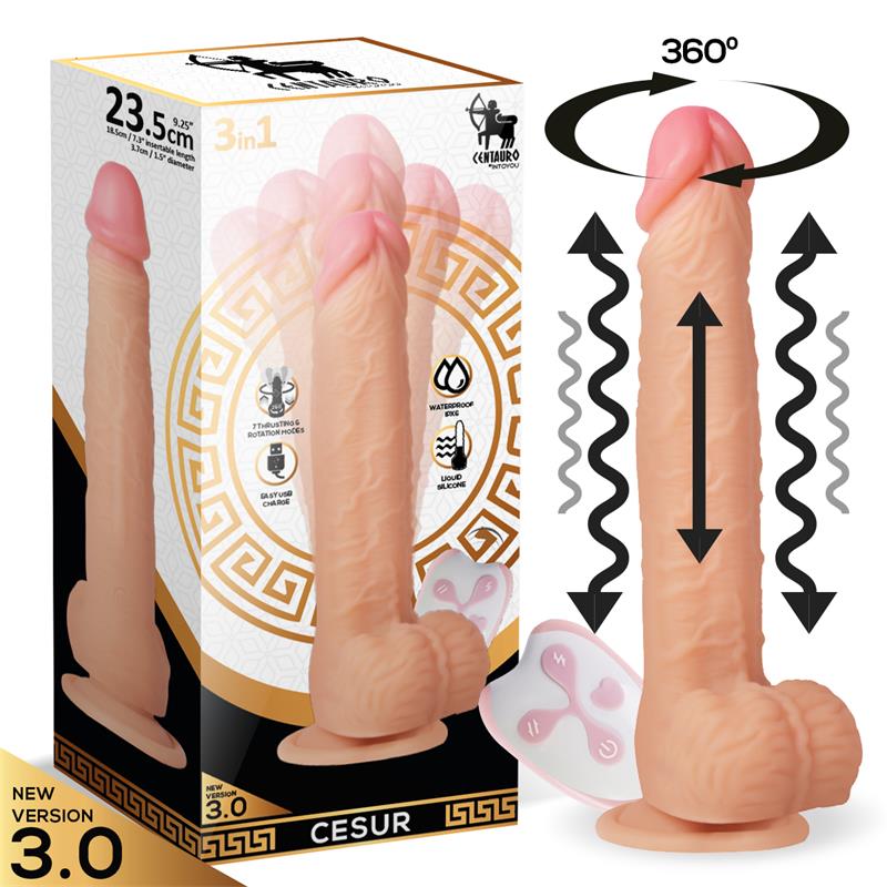 Dildo realista cor pele com base de sucção e controle remoto, ao lado da embalagem com texto e design decorativo.
