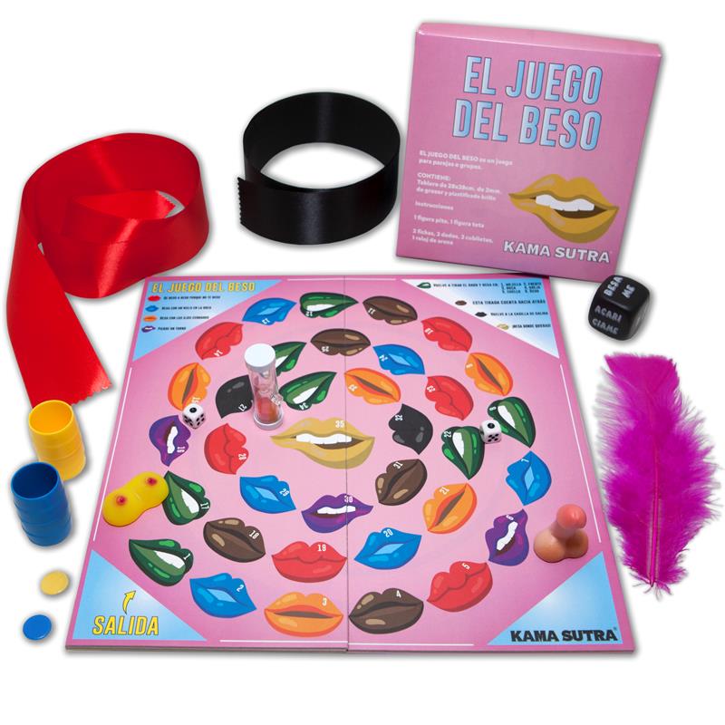 Jogo de tabuleiro erótico EL JUEGO DEL BESO com vários acessórios e caixa rosa