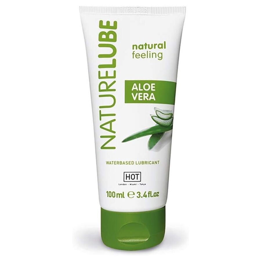 Frasco branco com tampa verde de lubrificante NATURELUBE aloe vera 100 ml.