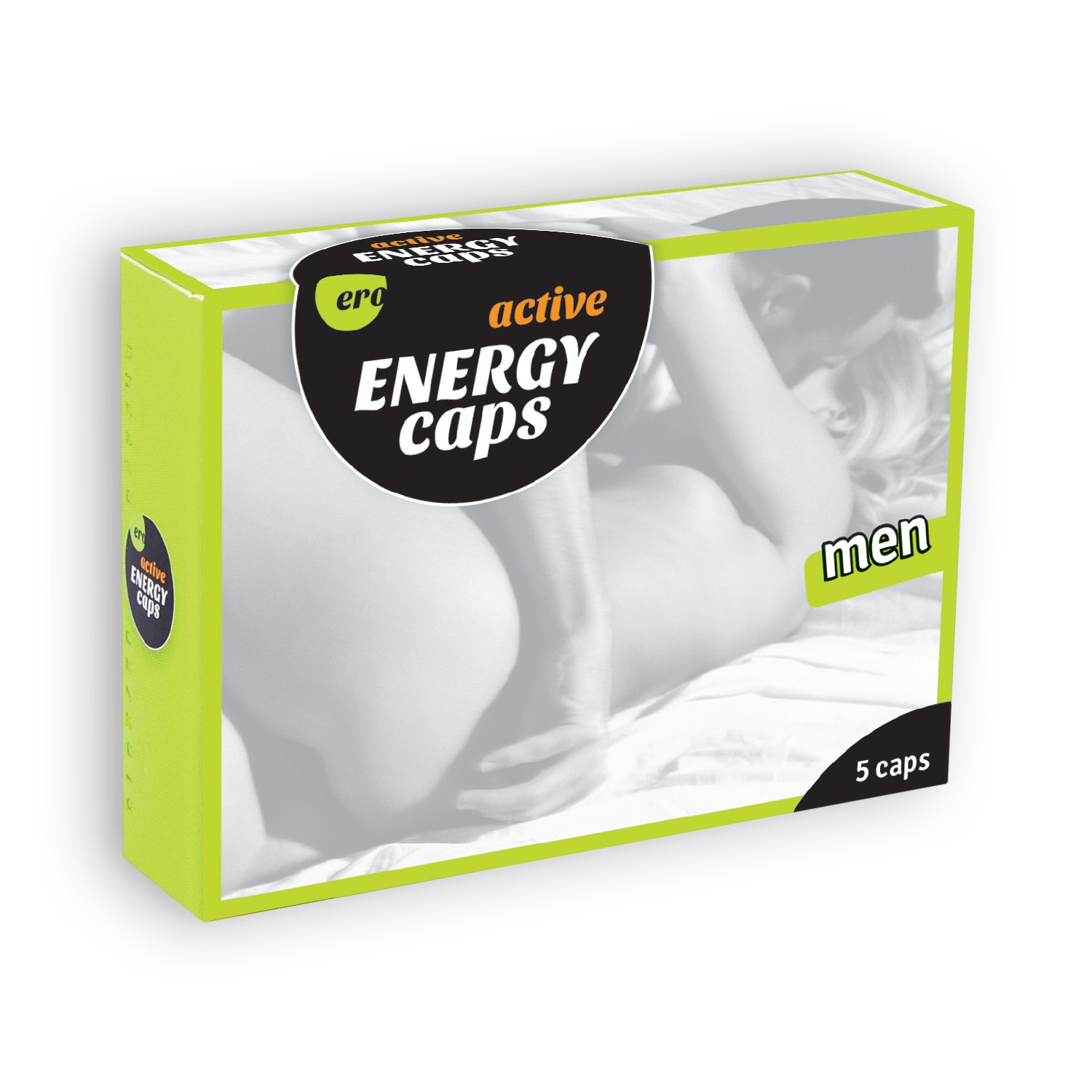 Embalagem de suplemento alimentar verde e preto com texto ACTIVE ENERGY CAPS, men, 5 caps e imagem desfocada de casal