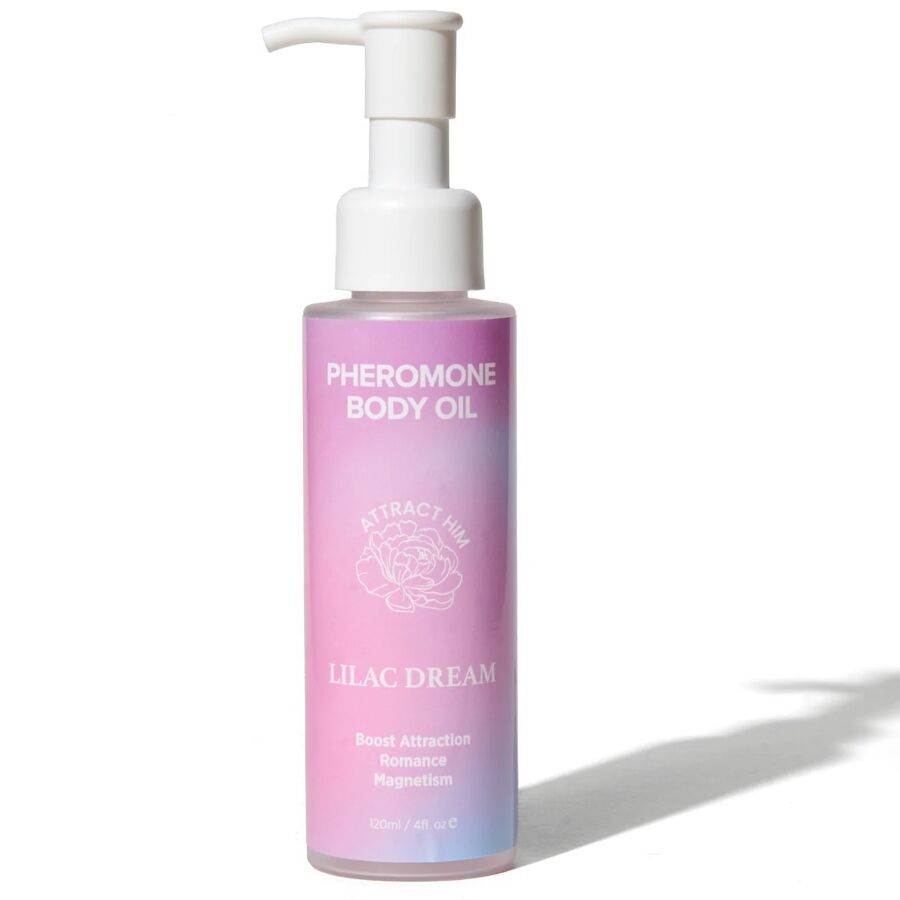 Frasco de óleo corporal com rótulo rosa e azul e dispensador branco