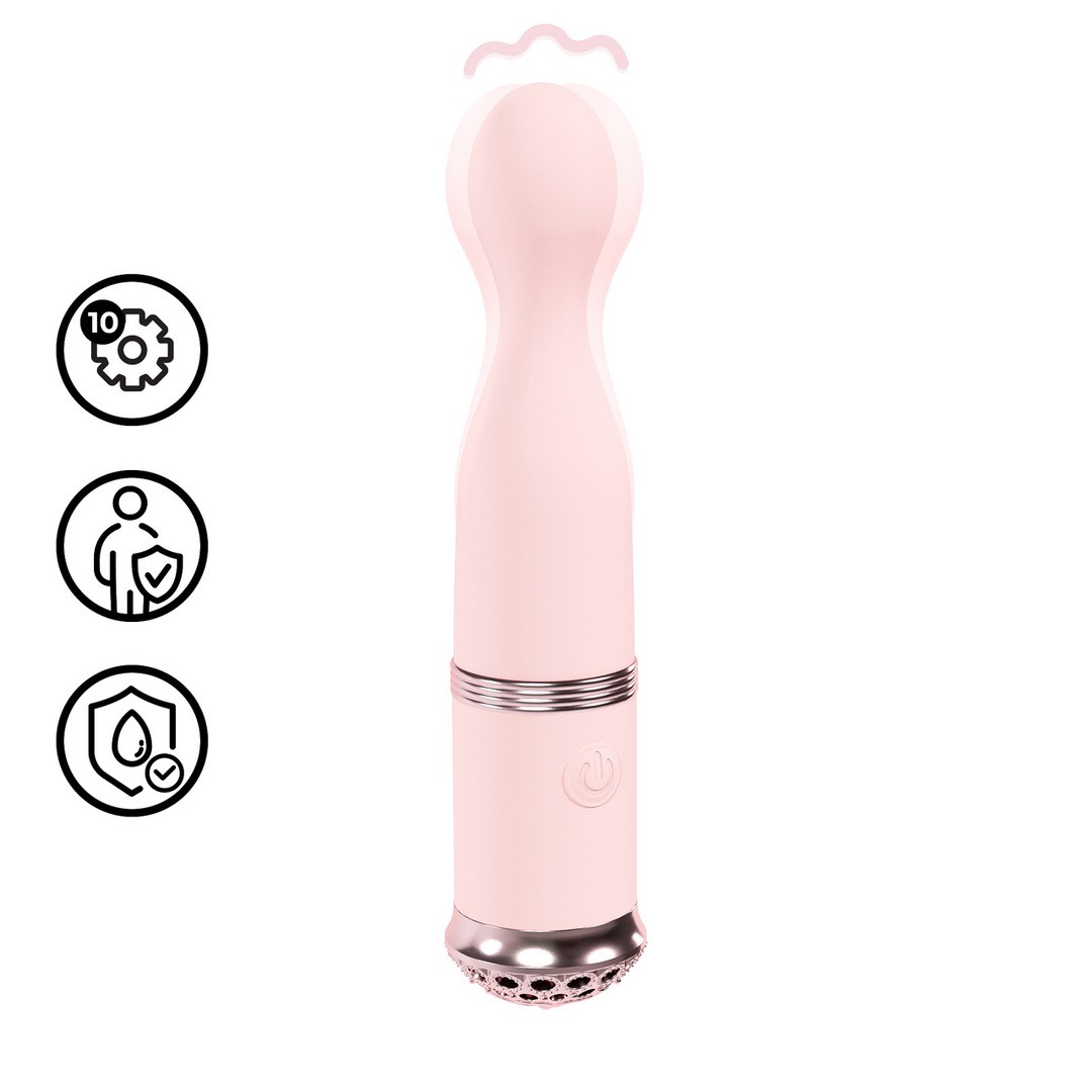 Vibrador rosa com botão de ligar e base metálica prateada