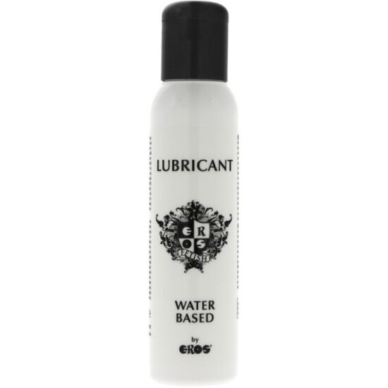 Frasco branco e preto de lubrificante à base de água com texto e emblema