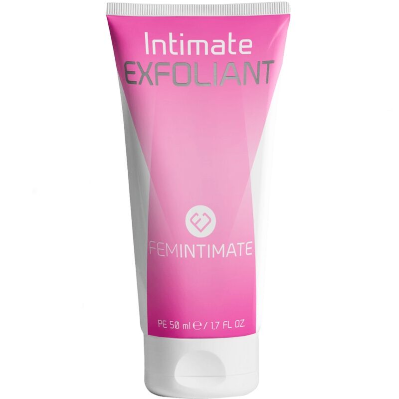Frasco de creme exfoliante íntimo rosa e branco com texto