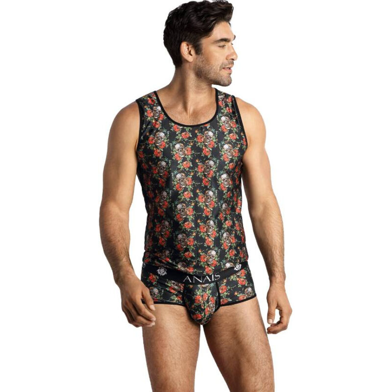 Roupa interior masculina preta com padrão de caveiras e rosas vermelhas