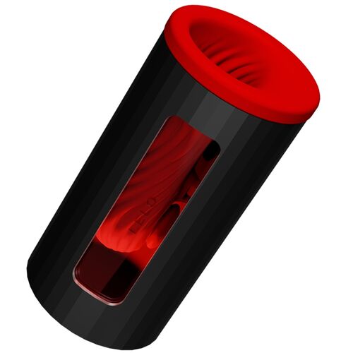 Dispositivo cilíndrico preto com interior vermelho e janela lateral