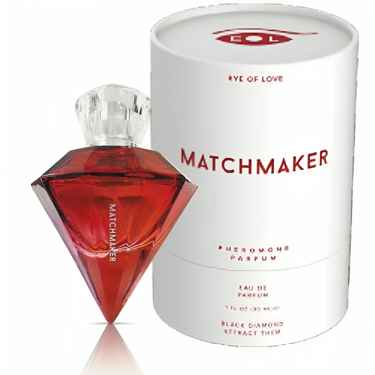 Frasco de perfume vermelho em forma de diamante com embalagem branca cilíndrica