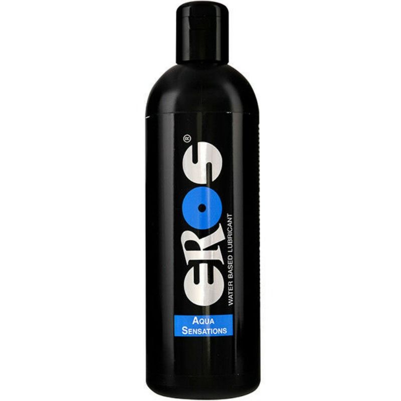 Garrafa preta de plástico com rótulo azul e branco EROS Aqua Sensations