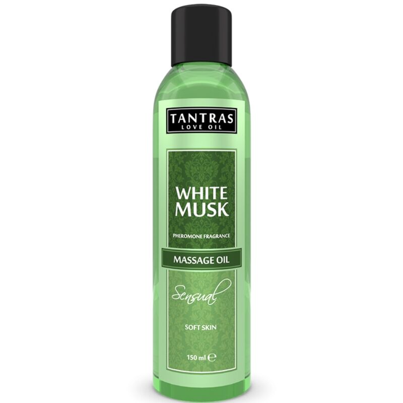 Frasco verde de óleo de massagem White Musk Tantras com tampa preta.