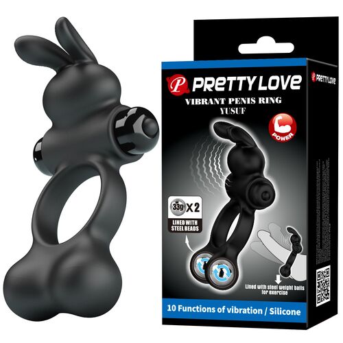 Anel vibratório preto em silicone com design de coelho e embalagem preta Pretty Love