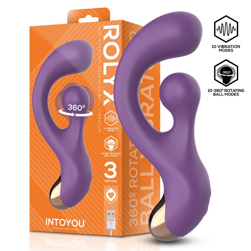 Vibrador roxo curvo em silicone com detalhe dourado e embalagem laranja