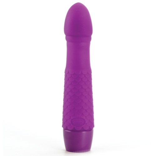 Vibrador roxo em silicone com textura de escamas e base com tampa