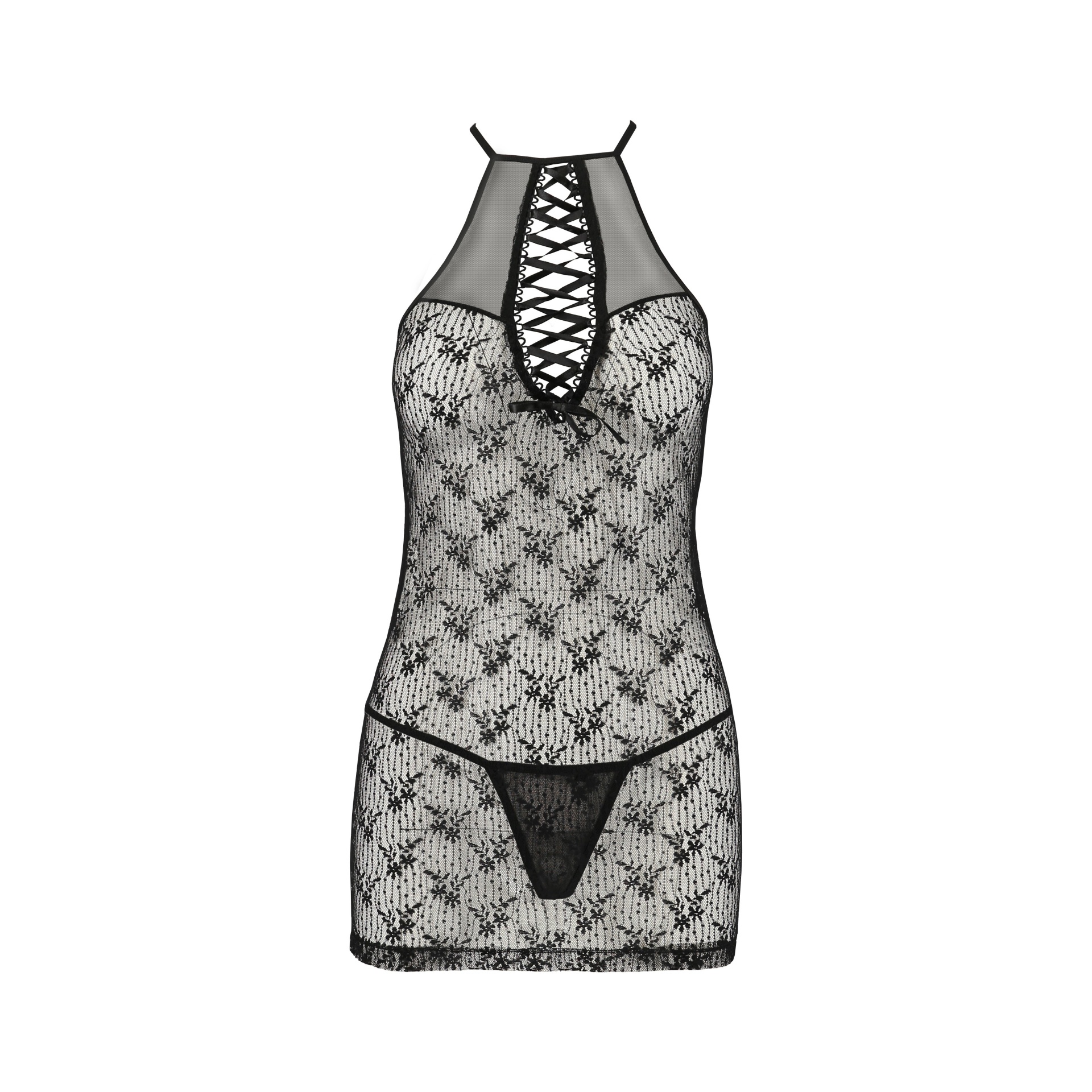 Roupa interior feminina preta em renda floral transparente com fita cruzada
