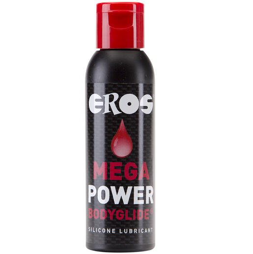 Frasco preto com tampa vermelha de lubrificante EROS MEGA POWER BODYGLIDE