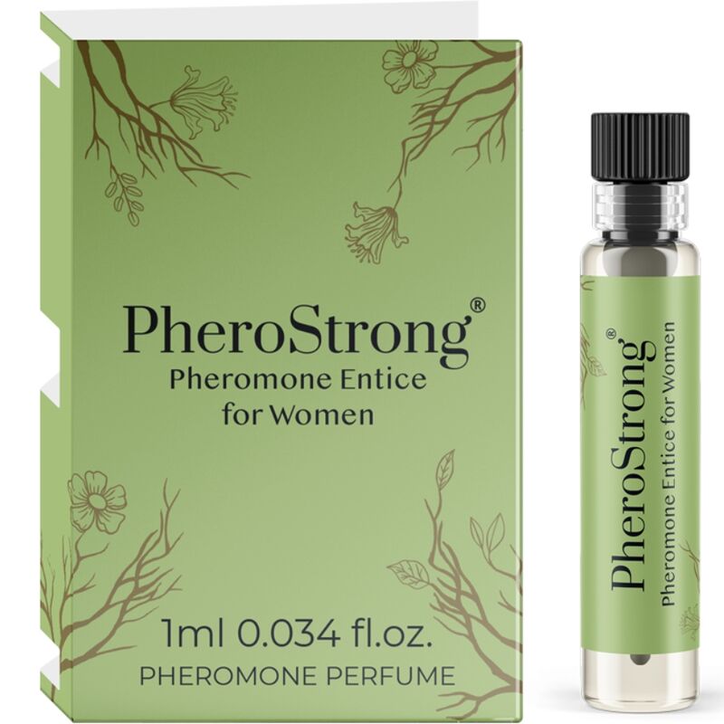 Perfume de feromona para mulheres PheroStrong com embalagem verde e frasco pequeno