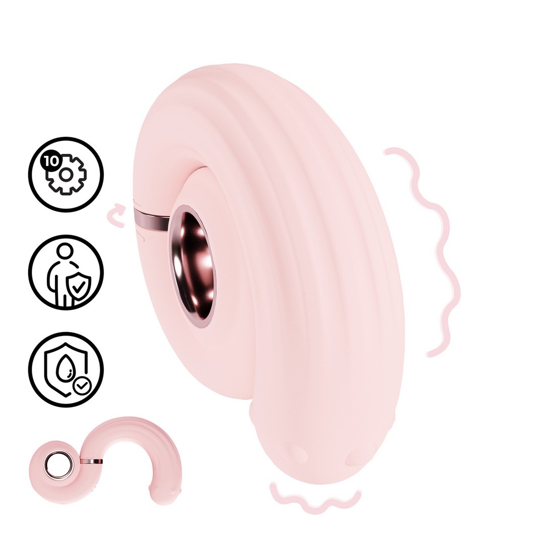 Dispositivo rosado espiralado com detalhes metálicos e ícones de funções