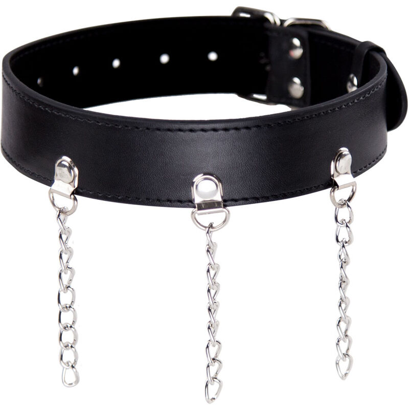Colar preto com correntes prateadas penduradas e fivela ajustável