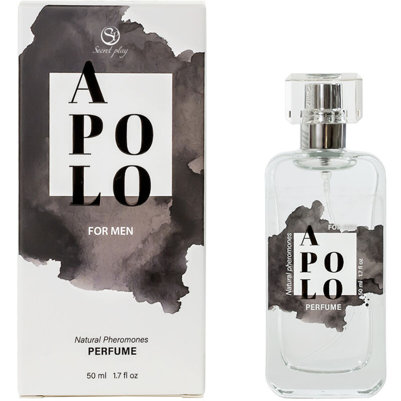 Perfume APOLLO FOR MEN em embalagem branca e frasco transparente