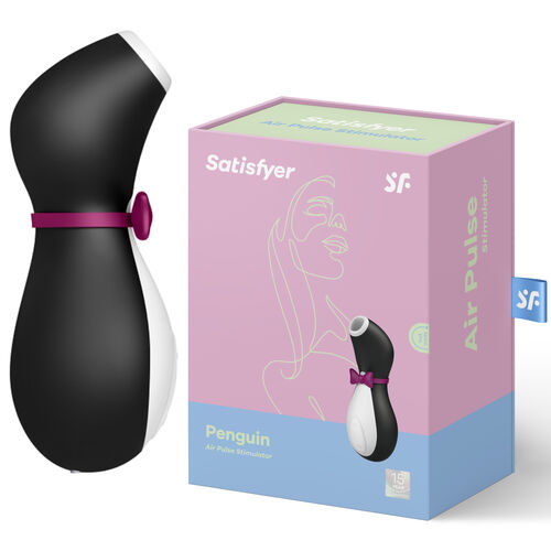 Satisfyer Penguin preto e branco com faixa rosa ao lado de embalagem rosa e azul