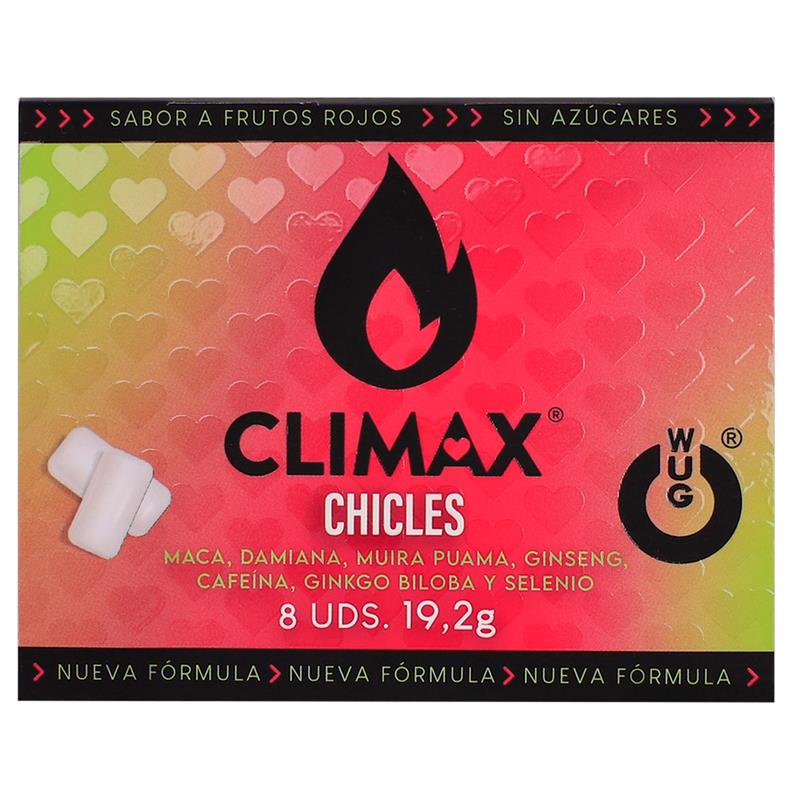 Embalagem colorida de chicletes CLIMAX com texto e imagens de corações