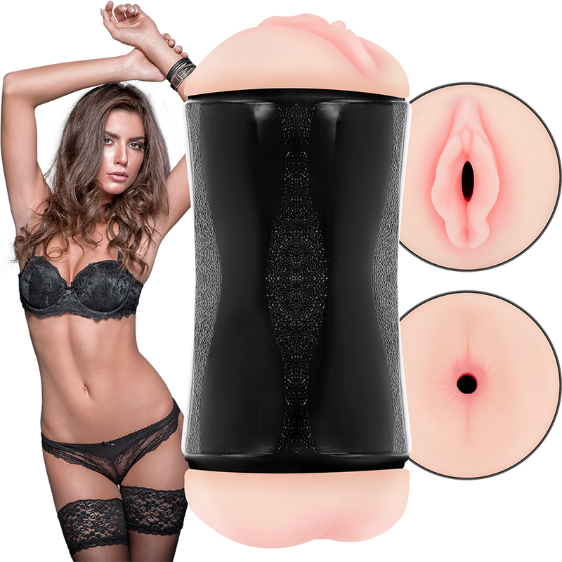 Artigo erótico masculino com capas preta e pele e modelo em lingerie preta.