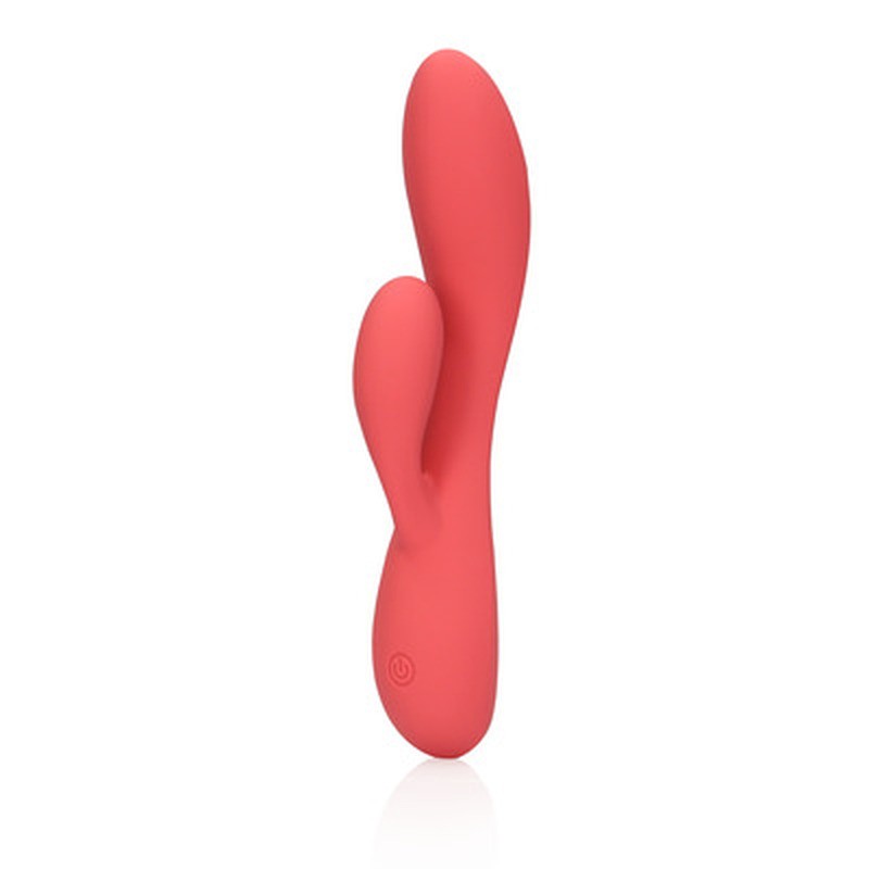 Vibrador cor-de-rosa com acabamento em silicone e design duplo