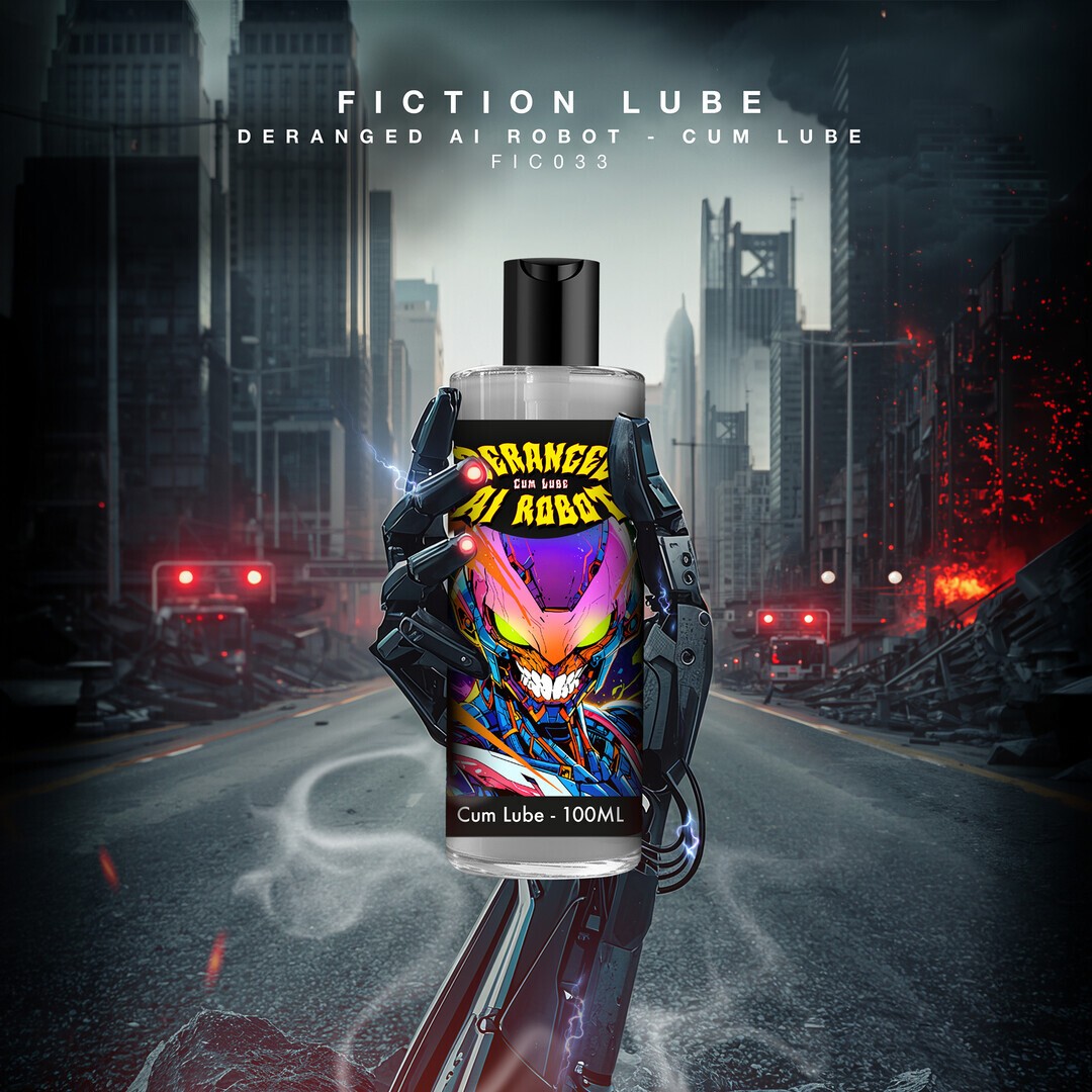 Frasco de lubrificante com rótulo colorido segurado por mão robótica em rua urbana futurista
