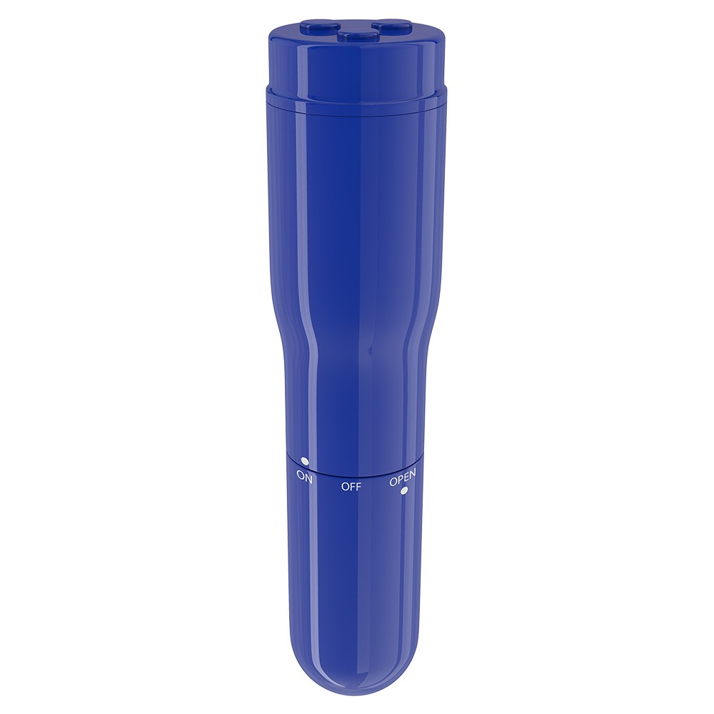 Frasco azul cilíndrico de plástico com tampa estilo LEGO e marcações ON, OFF, OPEN