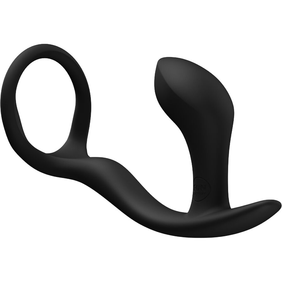 Produto preto de silicone com forma curva, alça circular, parte bulbosa e plana.
