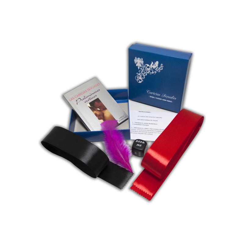 Kit de carícias sexuais com fitas, pena, dado e livro numa caixa azul.