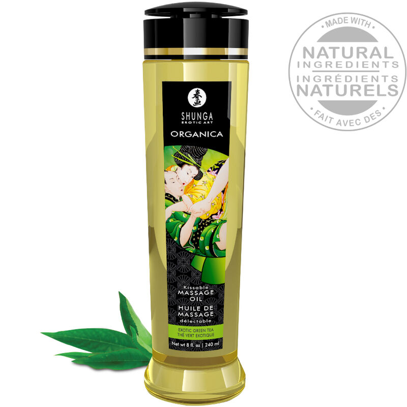 Frasco amarelo de óleo de massagem Shunga Organica com tampa preta e ilustração colorida.