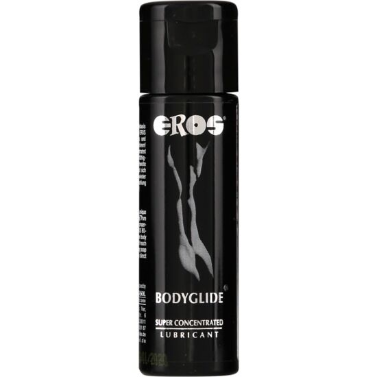 Frasco preto cilíndrico com tampa e texto branco EROS Bodyglide