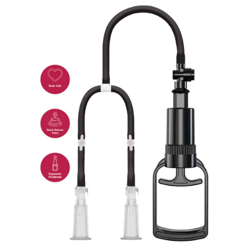 Bomba manual ergonómica preta com tubos flexíveis e dois adaptadores transparentes