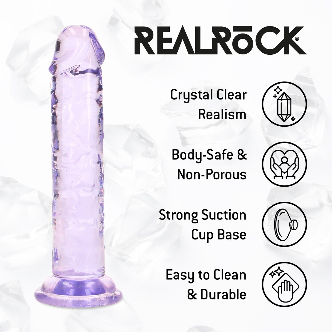 Dildo roxo translúcido com base de ventosa e texto sobre características do produto