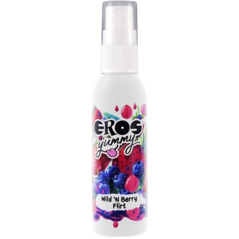 Frasco de spray branco com rótulo colorido de bagas vermelhas e roxas e texto EROS yummy Wild N Berry Flirt
