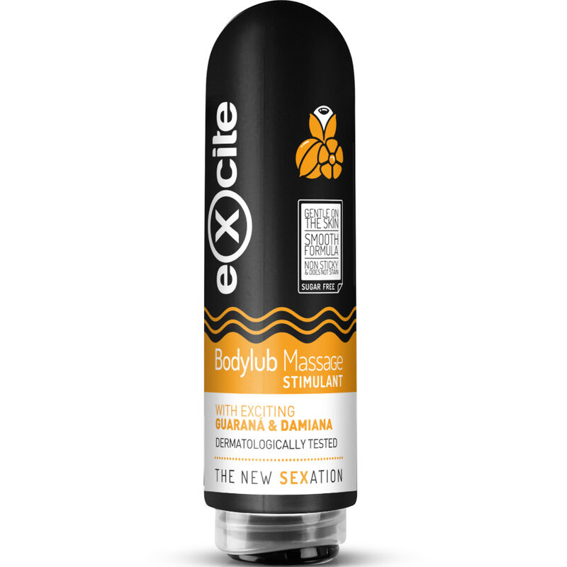 Frasco preto e branco de Bodylub Massage Stimulant com texto em laranja e preto