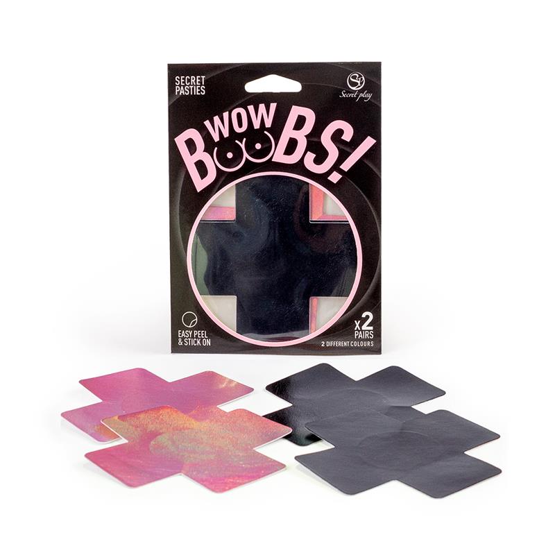 Pastilhas adesivas em formato de cruz em duas cores, preto e rosa, com embalagem preta e texto visível.