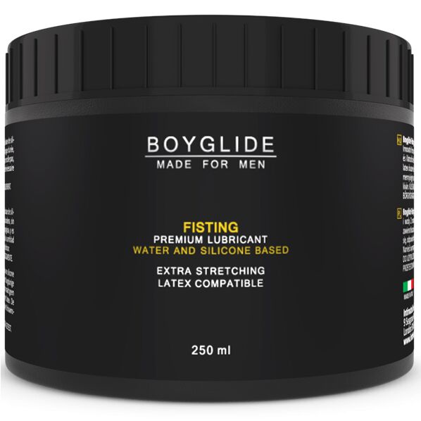 Frasco preto de lubrificante Boyglide para homens com texto em branco e amarelo