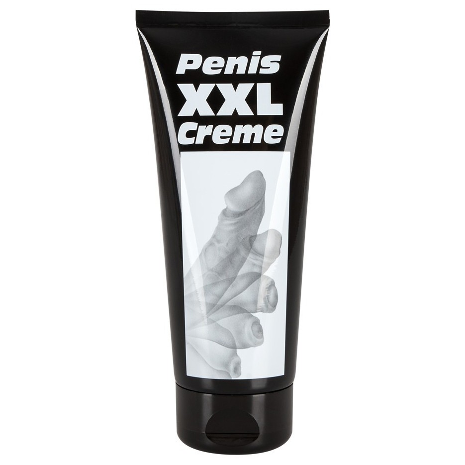 Frasco preto de creme com texto Penis XXL Creme e imagem cinzenta de pénis