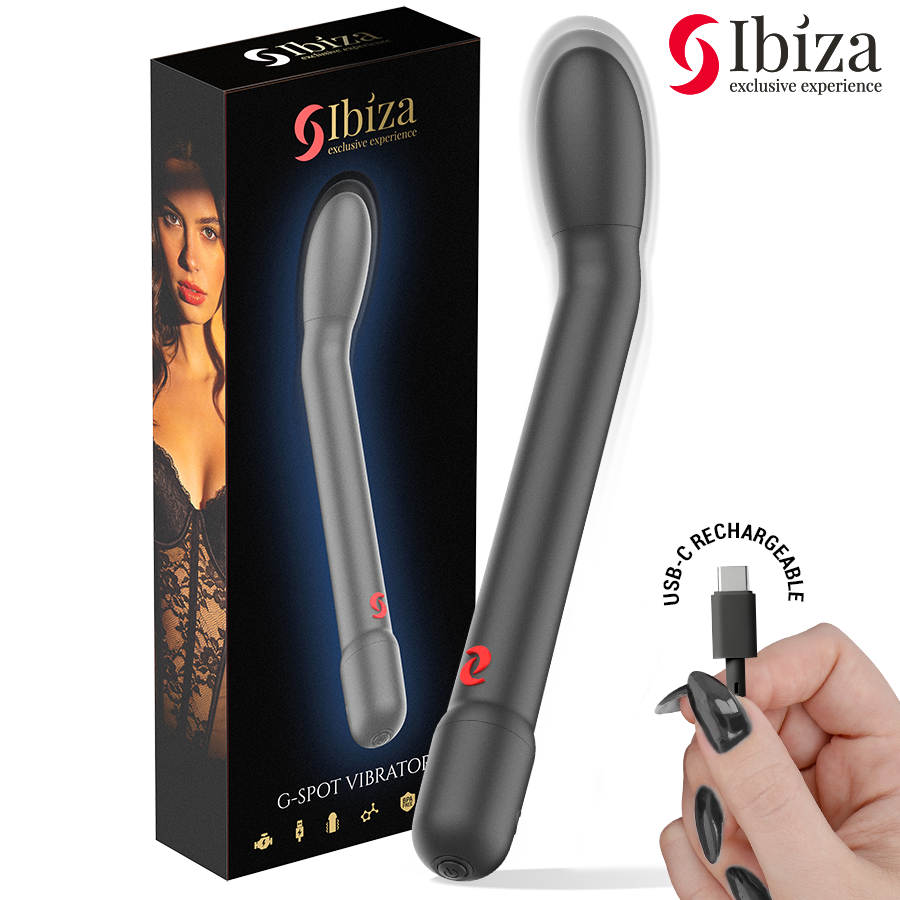Vibrador preto curvado com embalagem preta Ibiza exclusive experience e cabo USB-C.