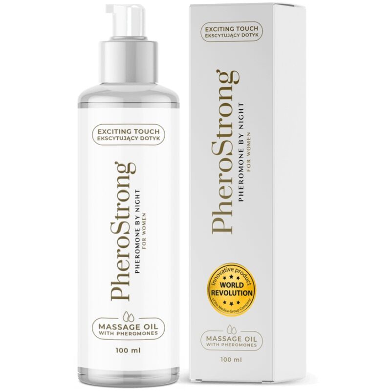 Frasco branco de óleo de massagem PheroStrong com embalagem branca e selo dourado