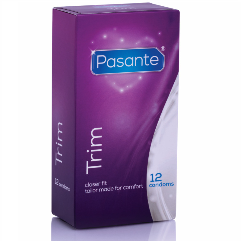 Embalaem roxa Pasante Trim com texto e quantidade 12 preservativos