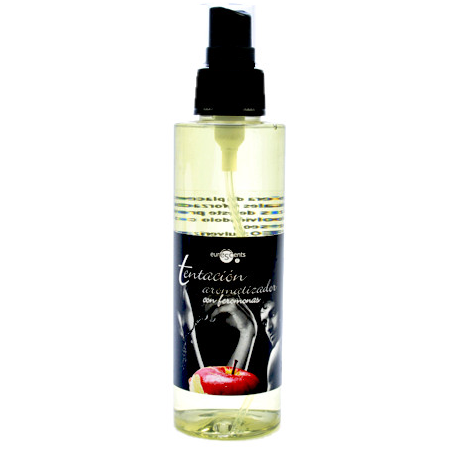 Frasco plástico transparente com líquido amarelo e tampa preta de spray
