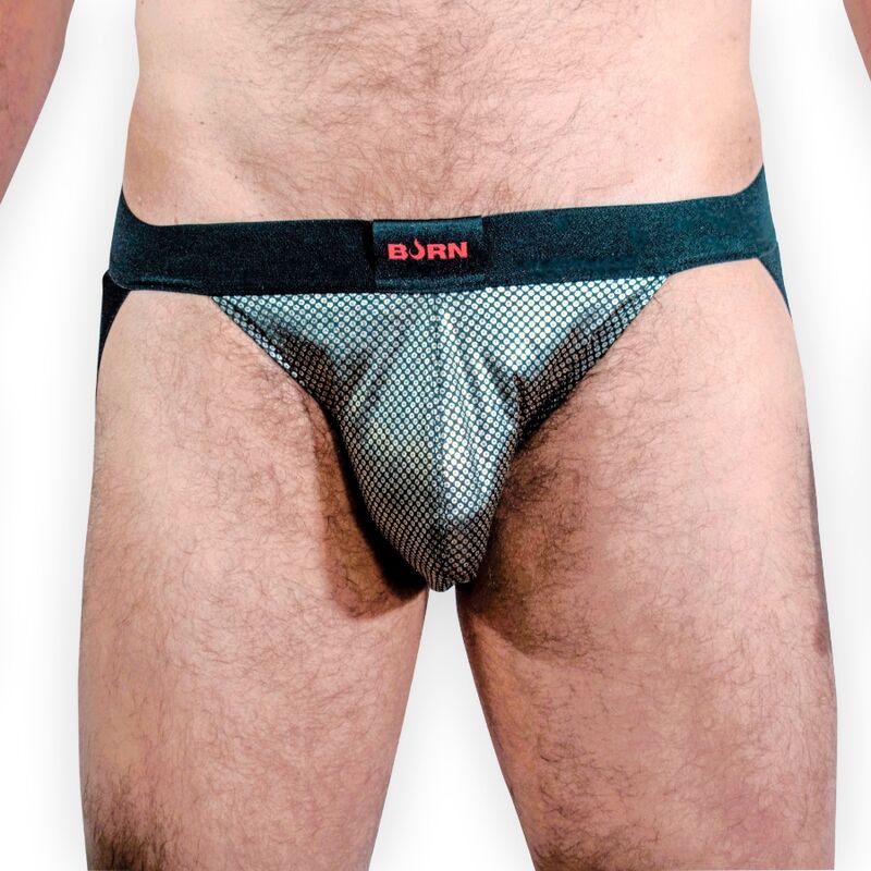 Cueca jockstrap metálica prateada com cós preto e texto BORN