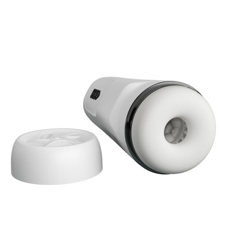 Dispositivo cilíndrico branco com tampa destacada e textura interior macia visível.