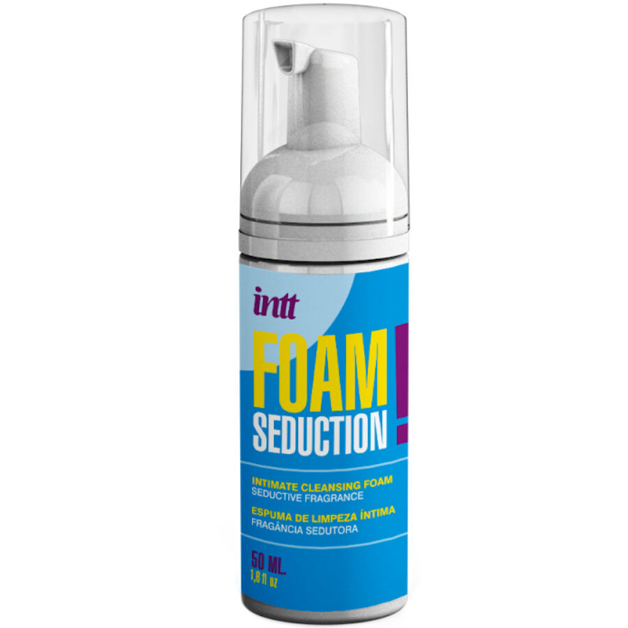 Frasco de espuma íntima intt FOAM SEDUCTION com rótulo azul