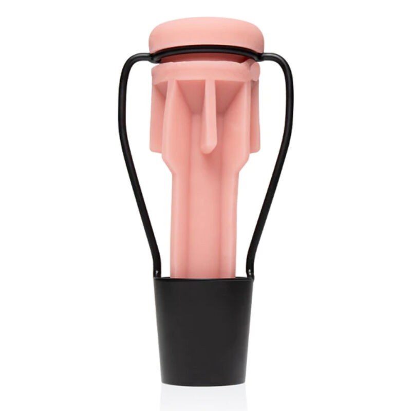 Ferramenta para abrir garrafas de champanhe com plástico rosa e suporte metálico preto