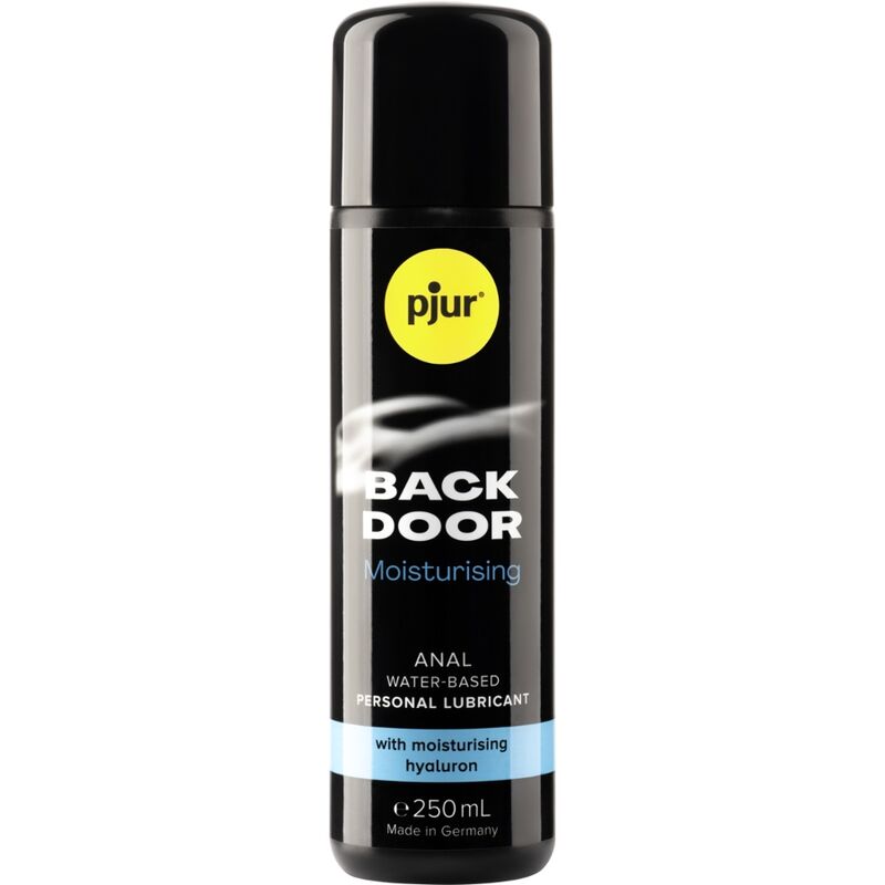 Frasco preto de lubrificante com rótulo amarelo e texto branco e azul