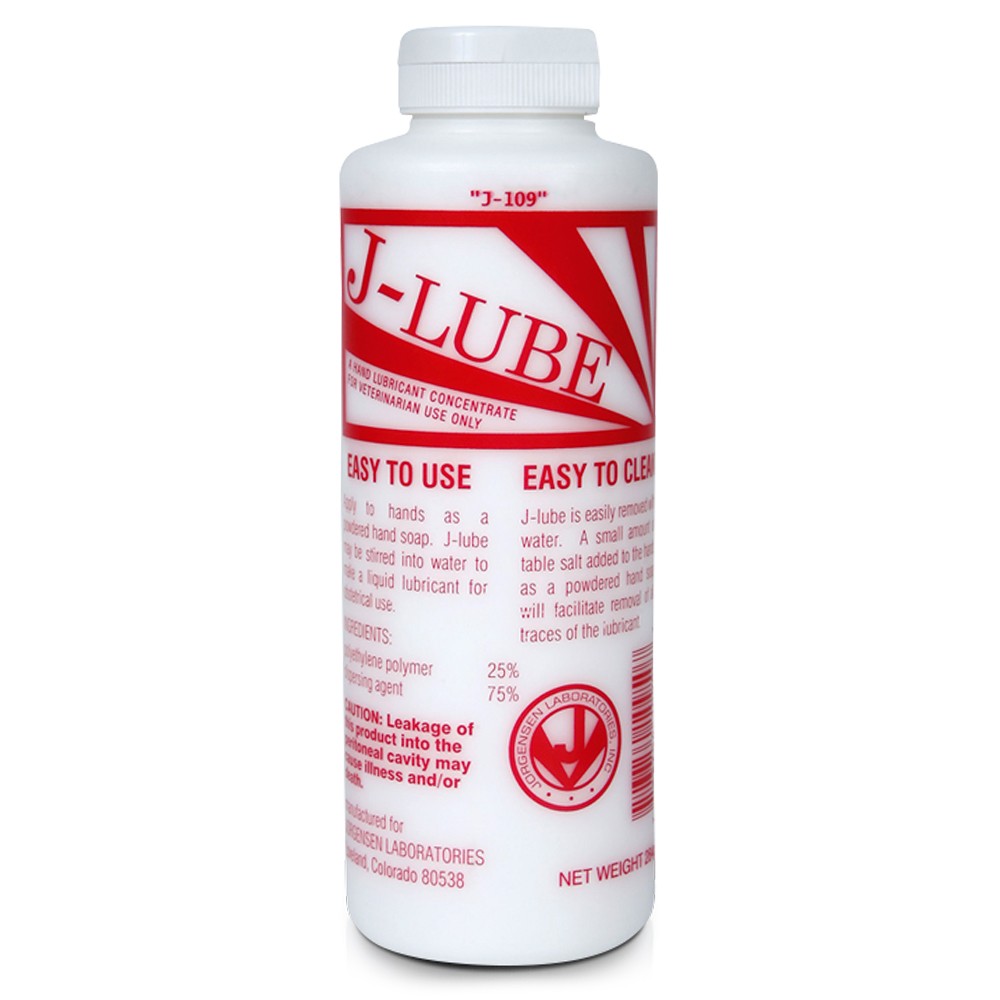 Frasco branco de lubrificante veterinário J-LUBE com rótulo vermelho